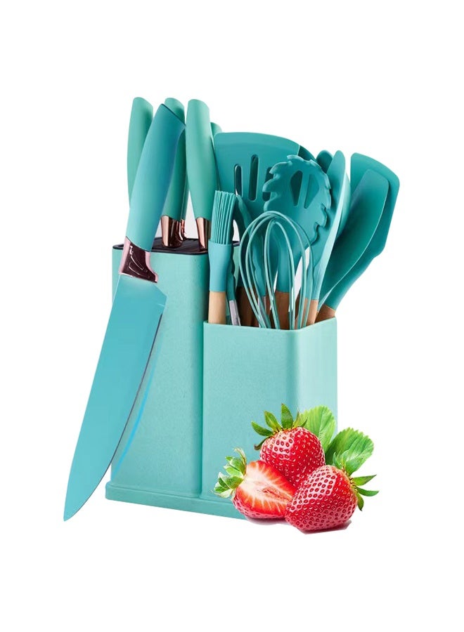 مجموعة أدوات طهي مكونة من 19 قطعة، مجموعة سكاكين المطبخ، تتضمن ملقطًا وملعقة وملعقة مسطحة ومقلاة، مقاومة للحرارة، آمنة غذائيًا، مقابض من السيليكون والخشب، مجموعات سكاكين المطبخ غير اللاصقة وأدوات المائدة - Image 5